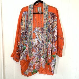 Johnny Was Silk Kimono XL Embroidered Floral Orange Jacket Shawl Collar Boho
